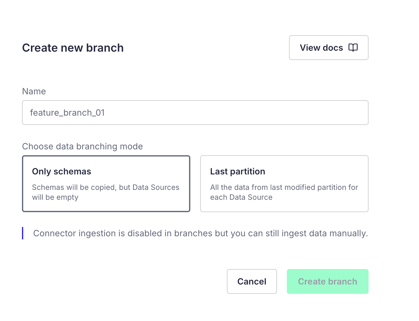 Create a branch from the Tinybird UI