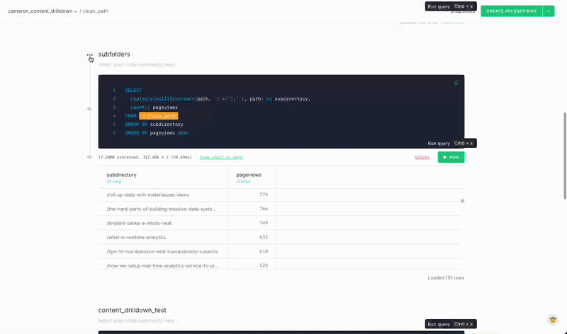 A gif showing how an SQL query is published as an API Endpoint in Tinybird