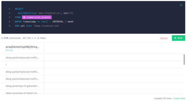 An SQL query and the results in Tinybird