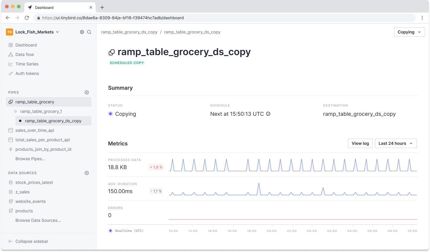 A Tinybird screenshot showing you can monitor Copy Pipes jobs in the Tinybird UI