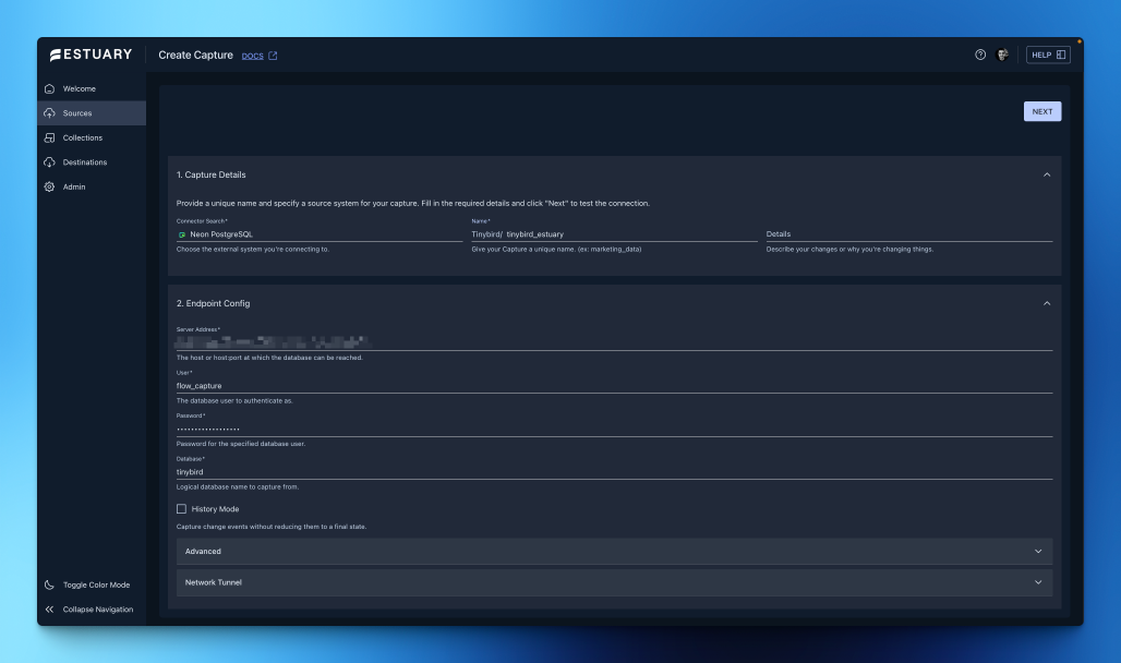 A screenshot of configuring a Postgres connection in Estuary Flow