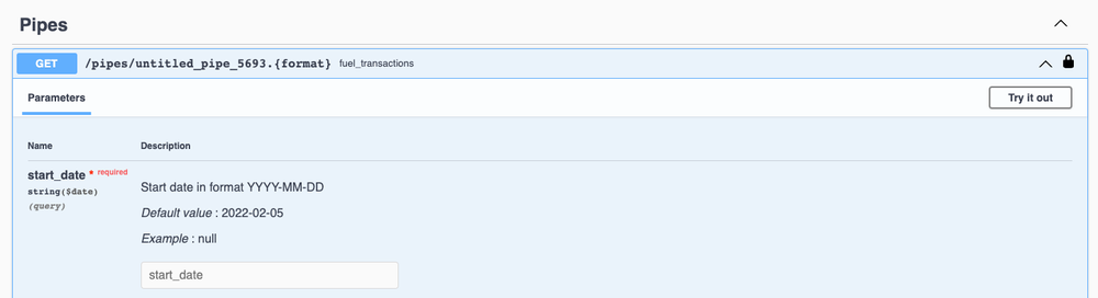 A parameter for a Tinybird endpoint in Swagger documentation