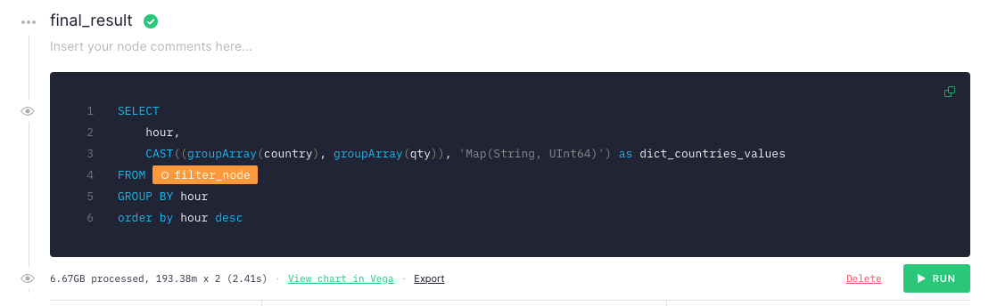 The results of a Tinybird Pipe showing an inefficient query.