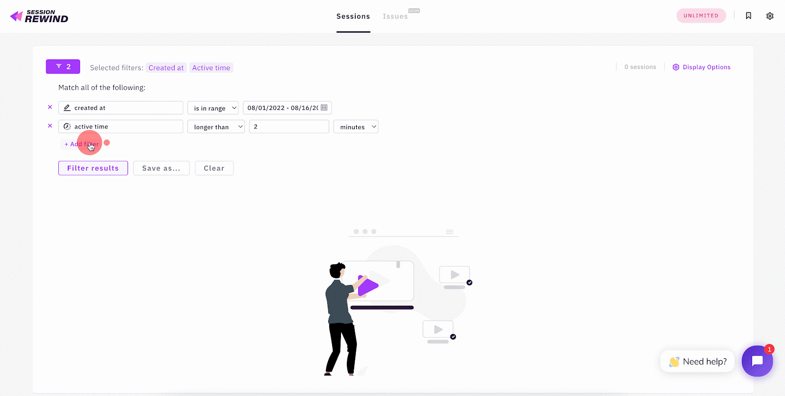 A screen capture showing very fast filter response times in Session Rewind