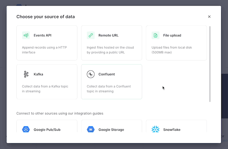 A gif of the Tinybird UI showing the new Data Source ingestion interface