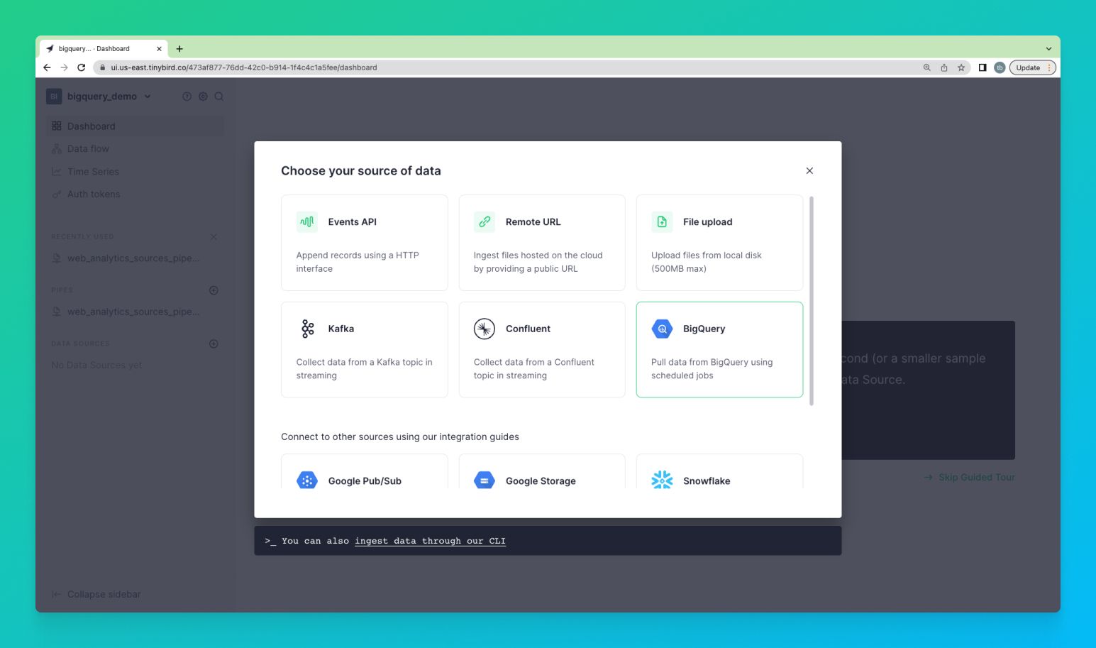 A screenshot of the Tinybird UI showing how to add a BigQuery Data Source