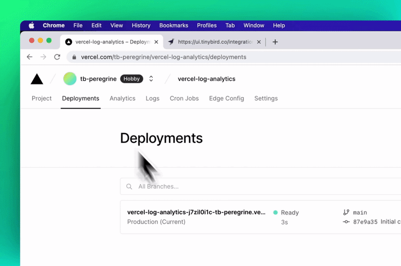 A gif showing Tinybird tokens available as environment variables in a Vercel project