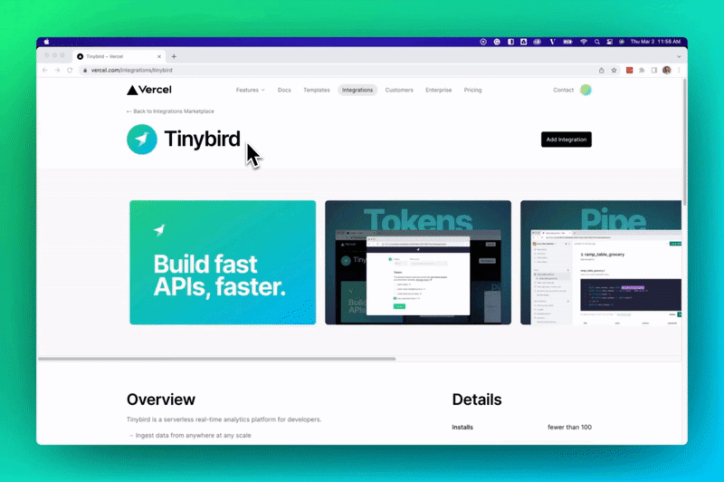 A gif showing how to add the Tinybird integration from the Vercel Marketplace
