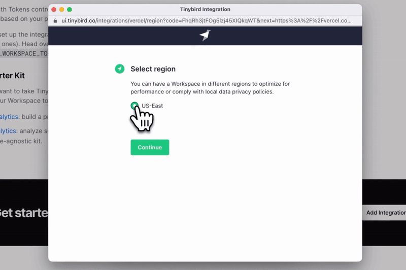 A gif showing how to configured the integration between Tinybird and Vercel