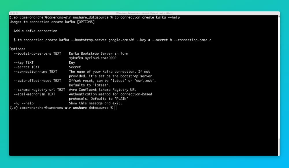 A screenshot showing a Confluent connection being created in the Tinybird CLI