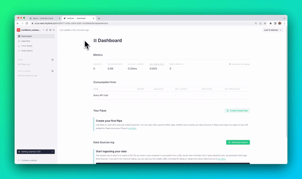 A gif showing the Tinybird Confluent Connector workflow in the Tinybird UI