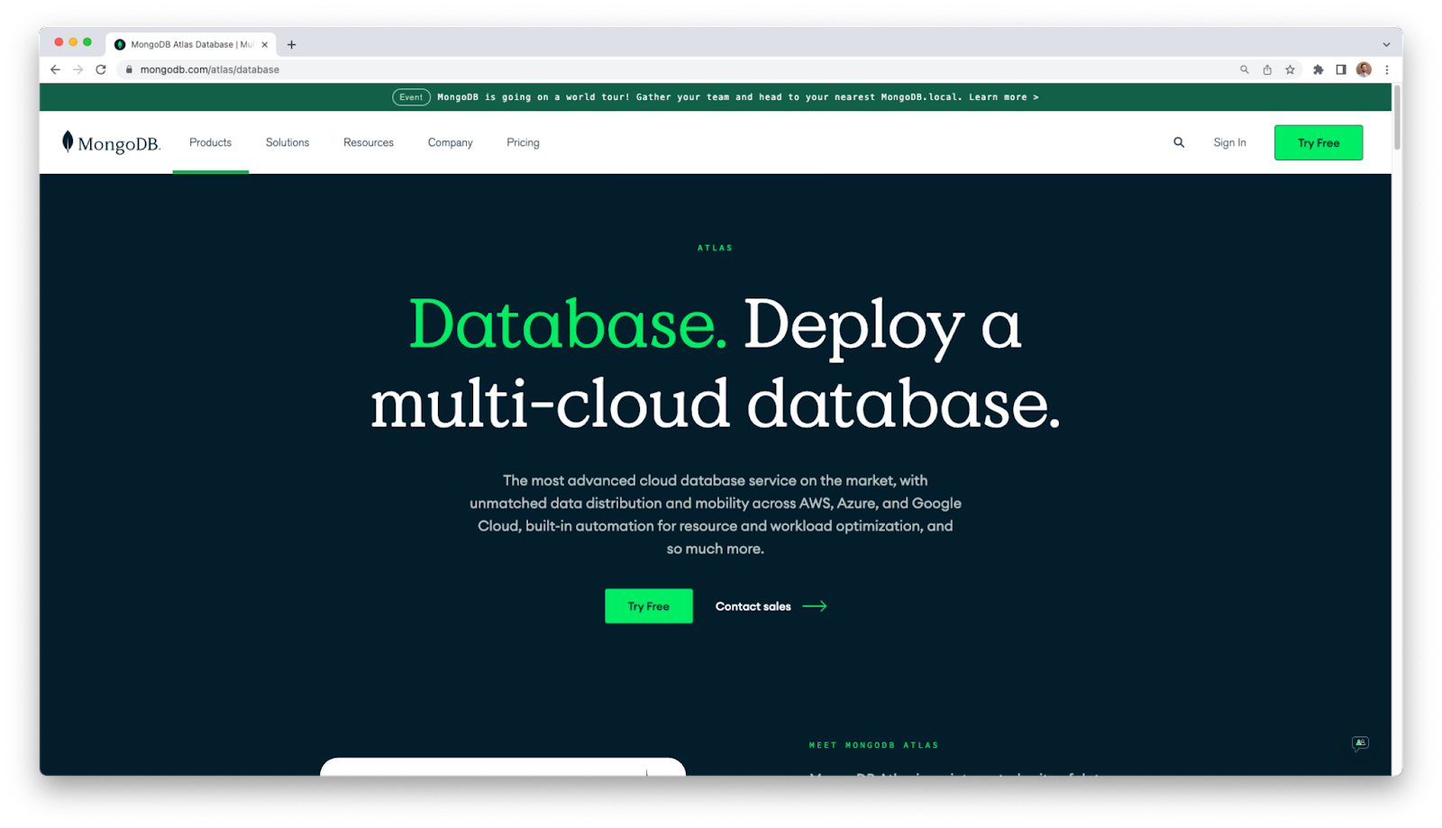 A screenshot of the MongoDB website