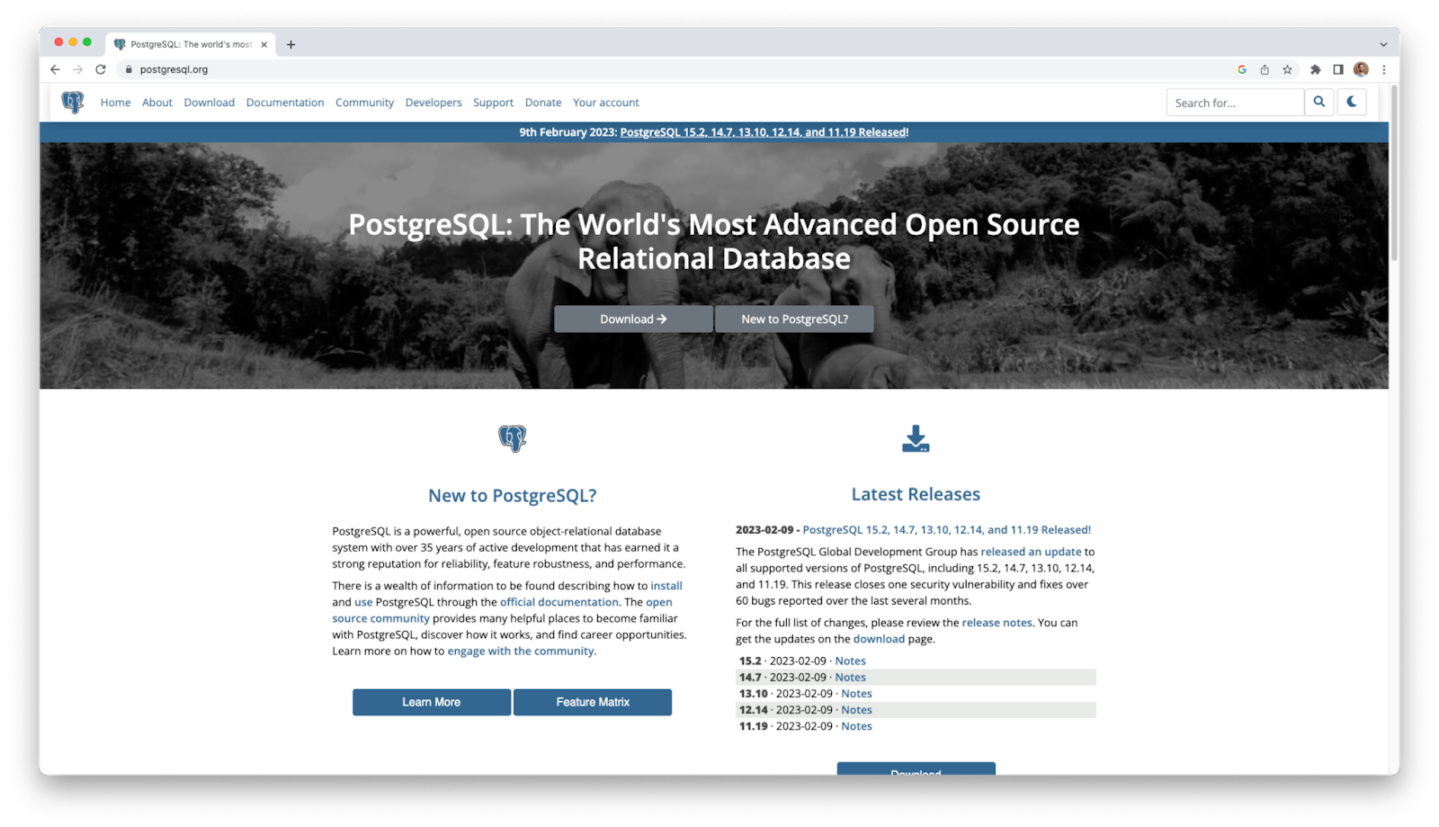 A screenshot of the PostgreSQL website