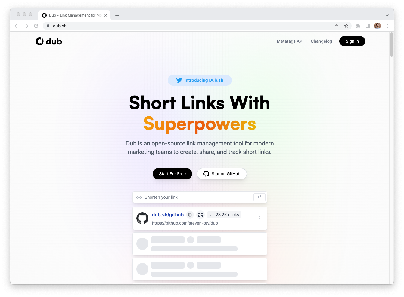 A screenshot of Dub's homepage