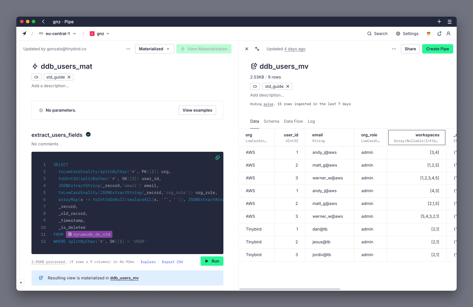 Materialized View for extracting Users attributes