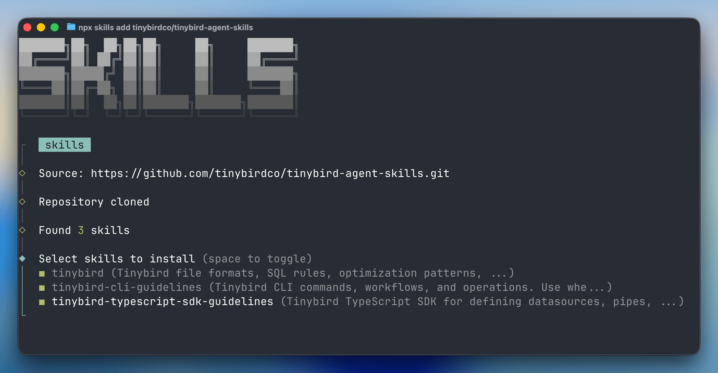 Installing Tinybird agent skills with npx skills add, showing the three available skills: tinybird, tinybird-cli-guidelines, and tinybird-typescript-sdk-guidelines