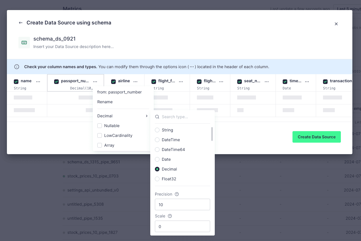 Decimal and Bool data type options in the UI