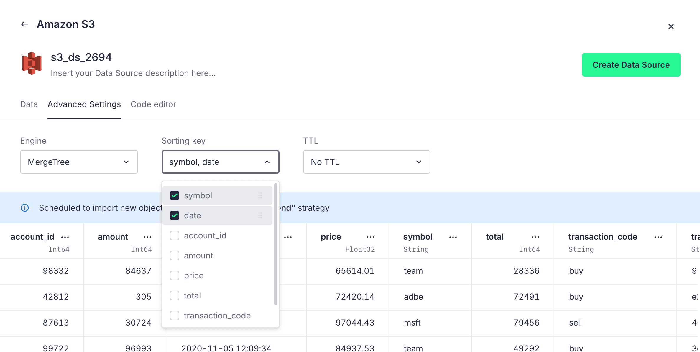 Engine settings configuration for S3 Data Sources