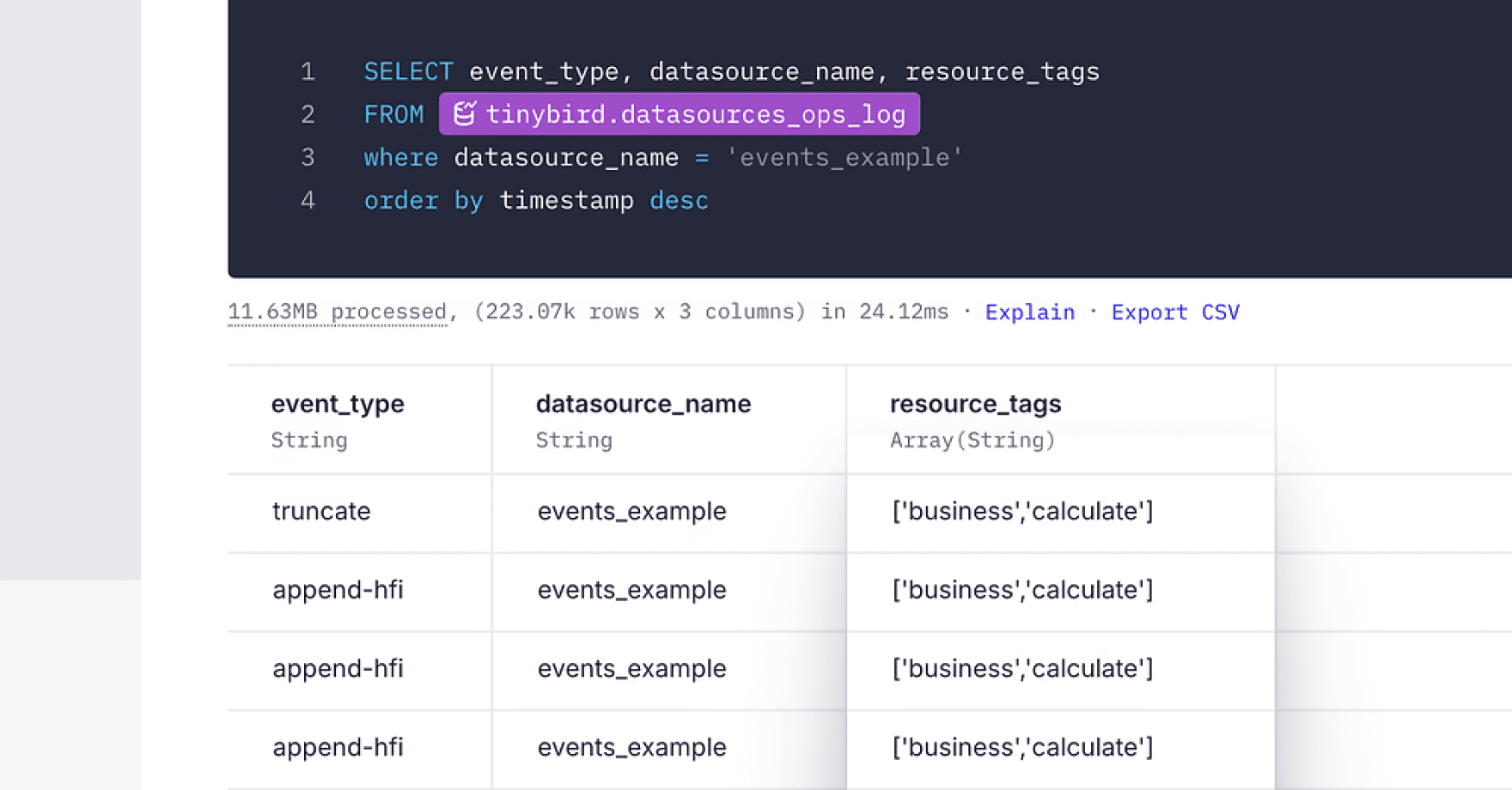 Service Data Source tags interface showing how to use tags when querying data