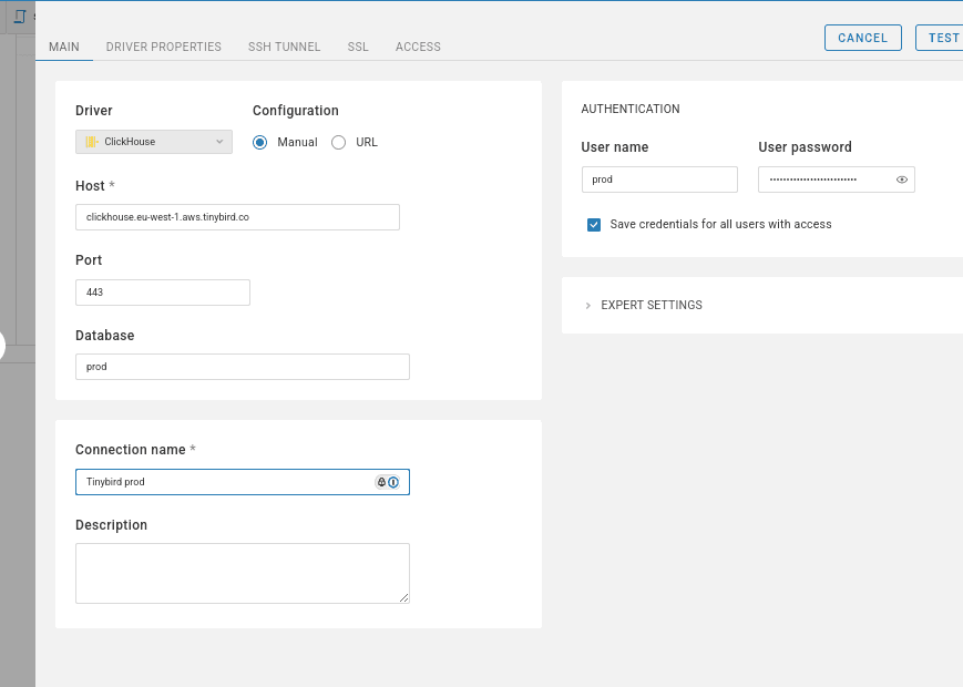 DBeaver ClickHouse® connection configuration