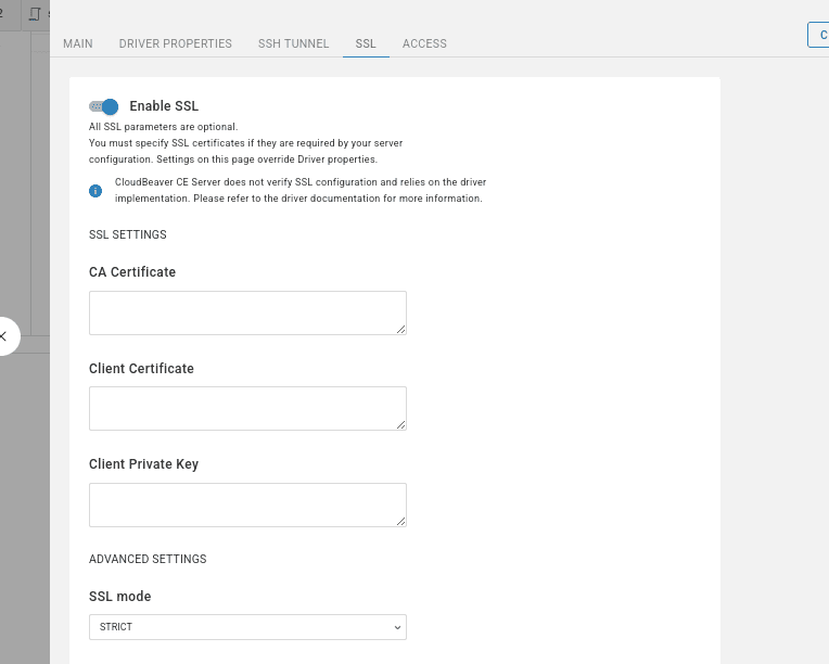 DBeaver ClickHouse® connection SSL configuration