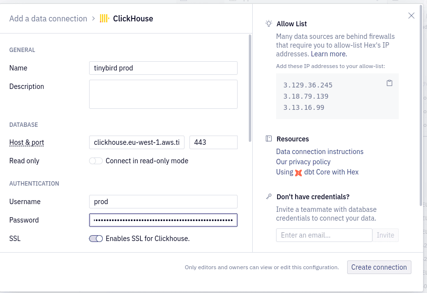 Hex ClickHouse® connection configuration