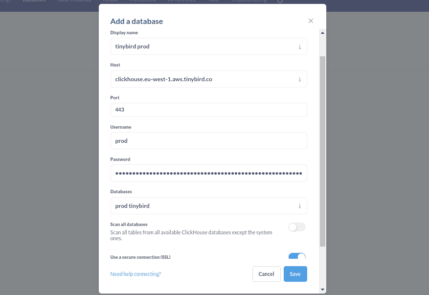 Metabase ClickHouse® connection configuration