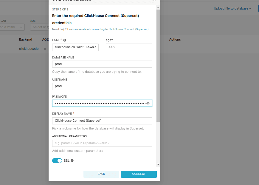 Superset ClickHouse® connection configuration